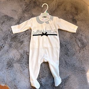 Je Cute brand White Velour Stretchie with City Lights and Black Bow